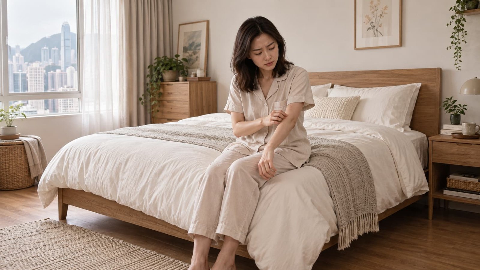 整潔床鋪旁輕搔手臂的生活情境