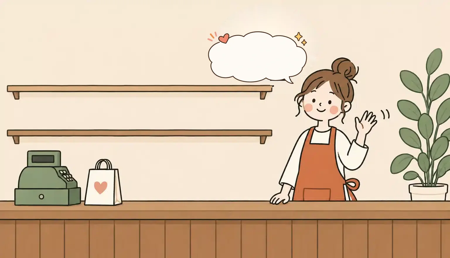 Haru 小店插畫:店長喺櫃檯後面揮手,貨架上有產品